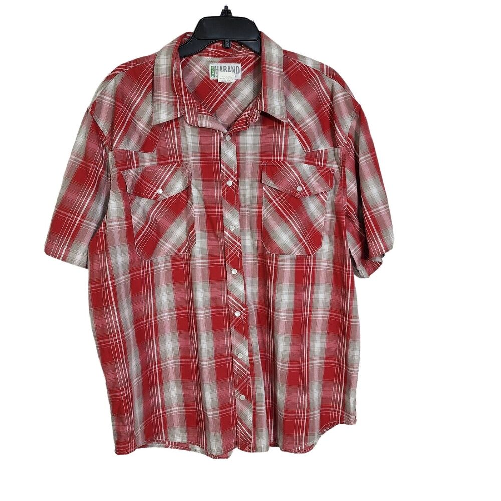 Haband Men Shirt Size XL Short Sleeve Pearl Snap Front Red Plaid Pockets Western
